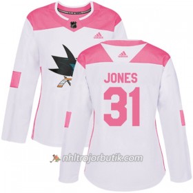 Dame Ishockey San Jose Sharks Tröja Martin Jones 31 Adidas 2017-2018 Vit Rosa Fashion Authentic